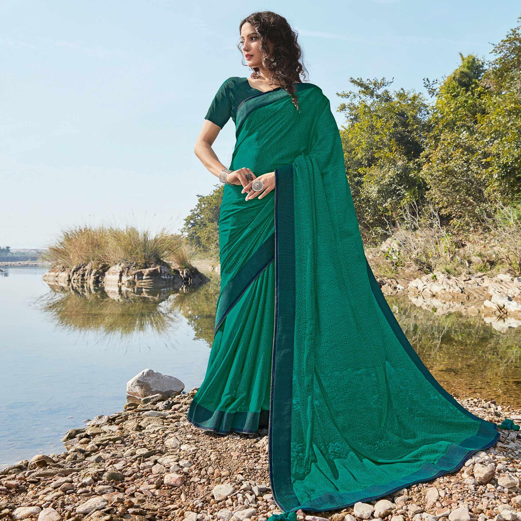 Dark Rama Green Festive Wear Printed Silk Saree - Peachmode