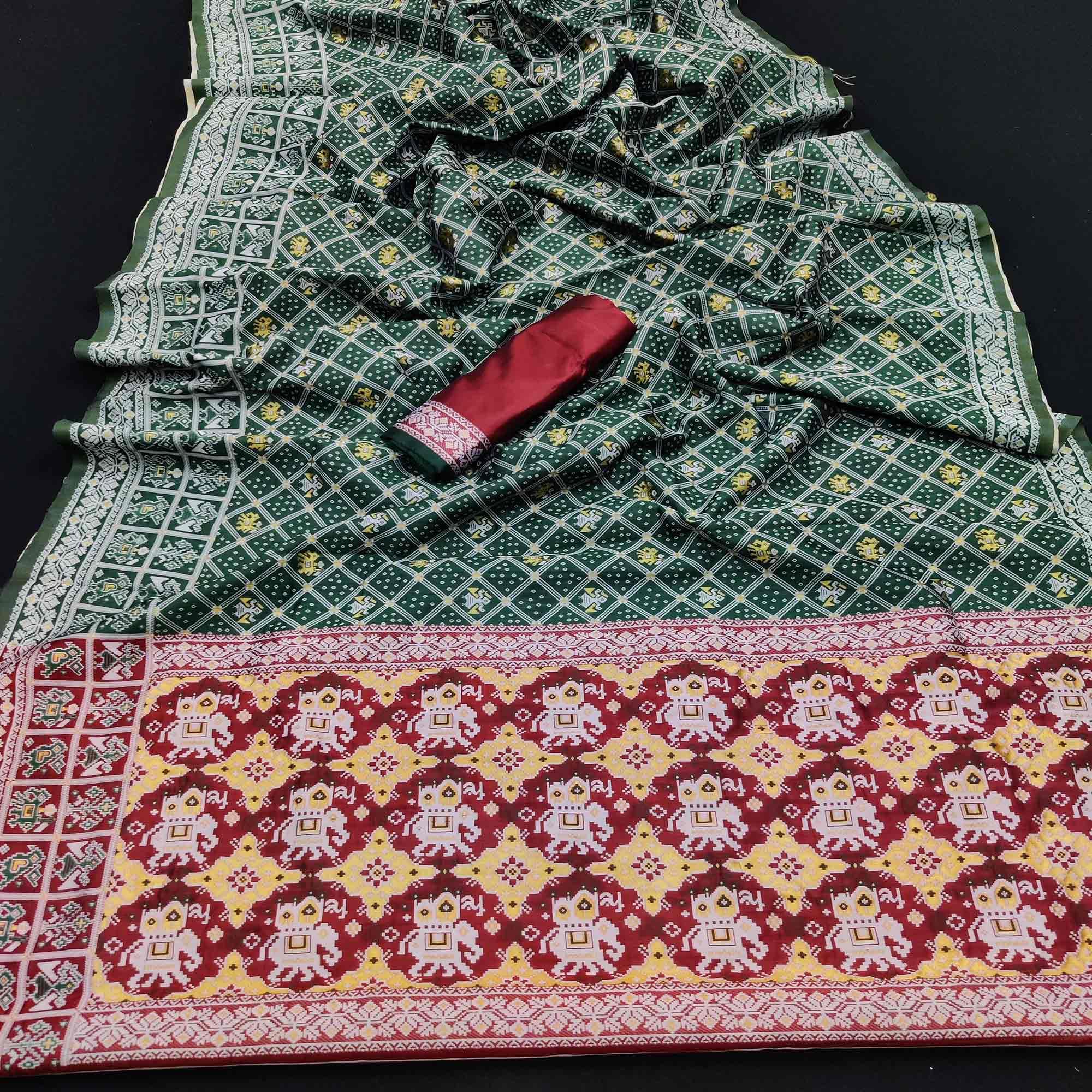 Dark Rama Green Festive Wear Woven Soft Silk Patola Saree - Peachmode