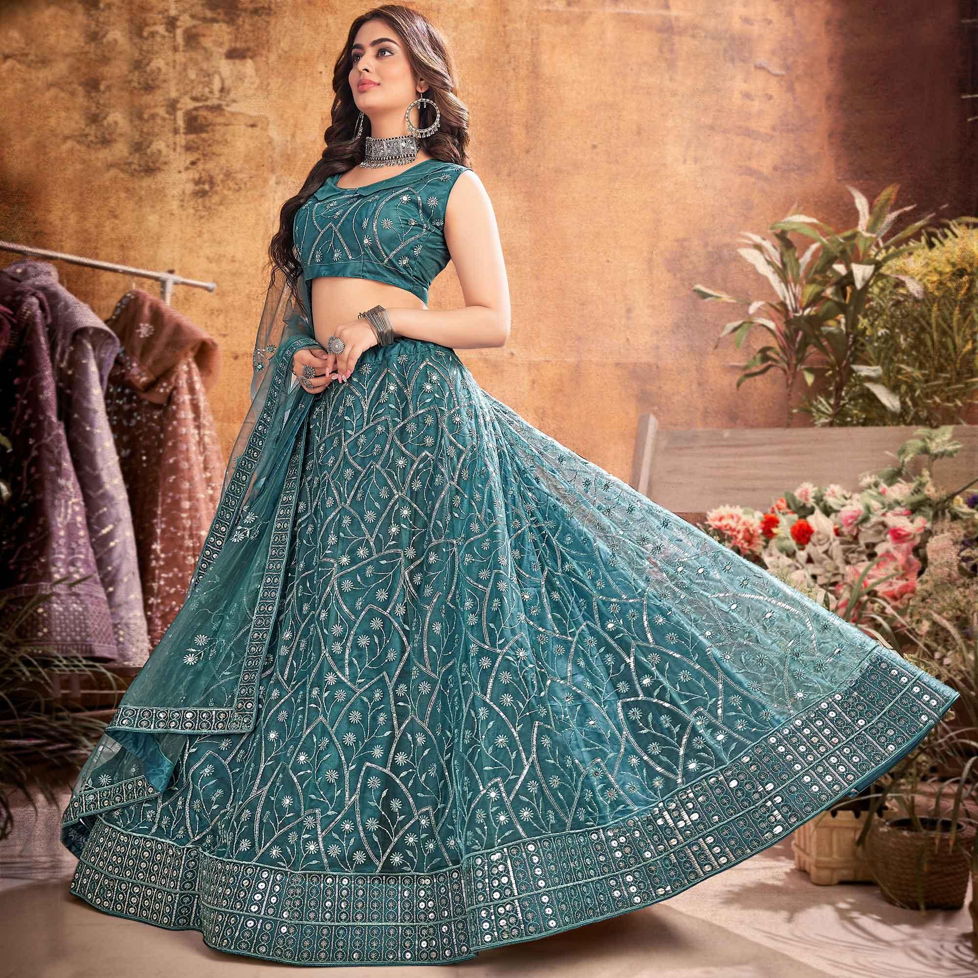 Dark Rama Green Partywear Thread Sequence Soft Net Lehenga Choli - Peachmode