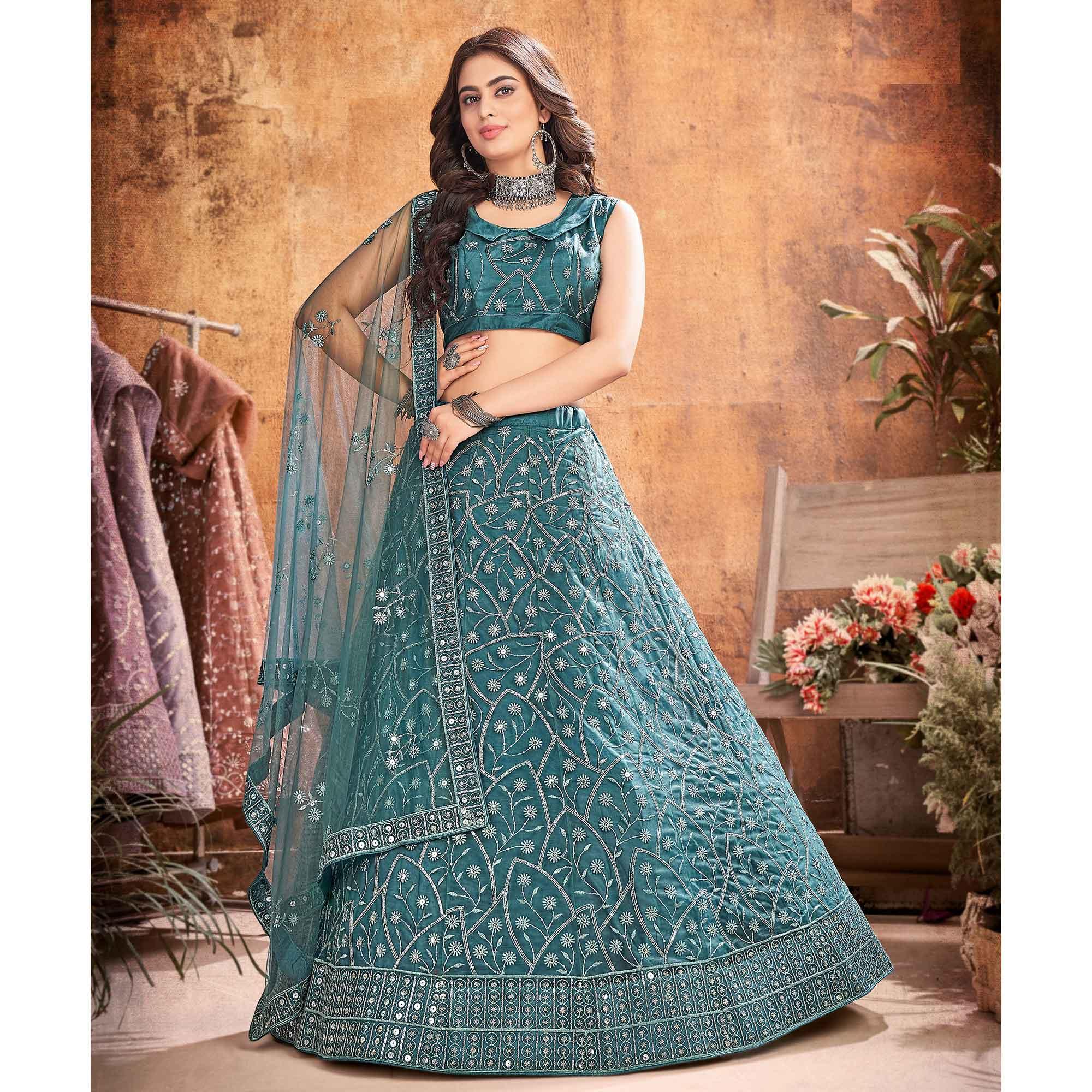 Dark Rama Green Partywear Thread Sequence Soft Net Lehenga Choli - Peachmode