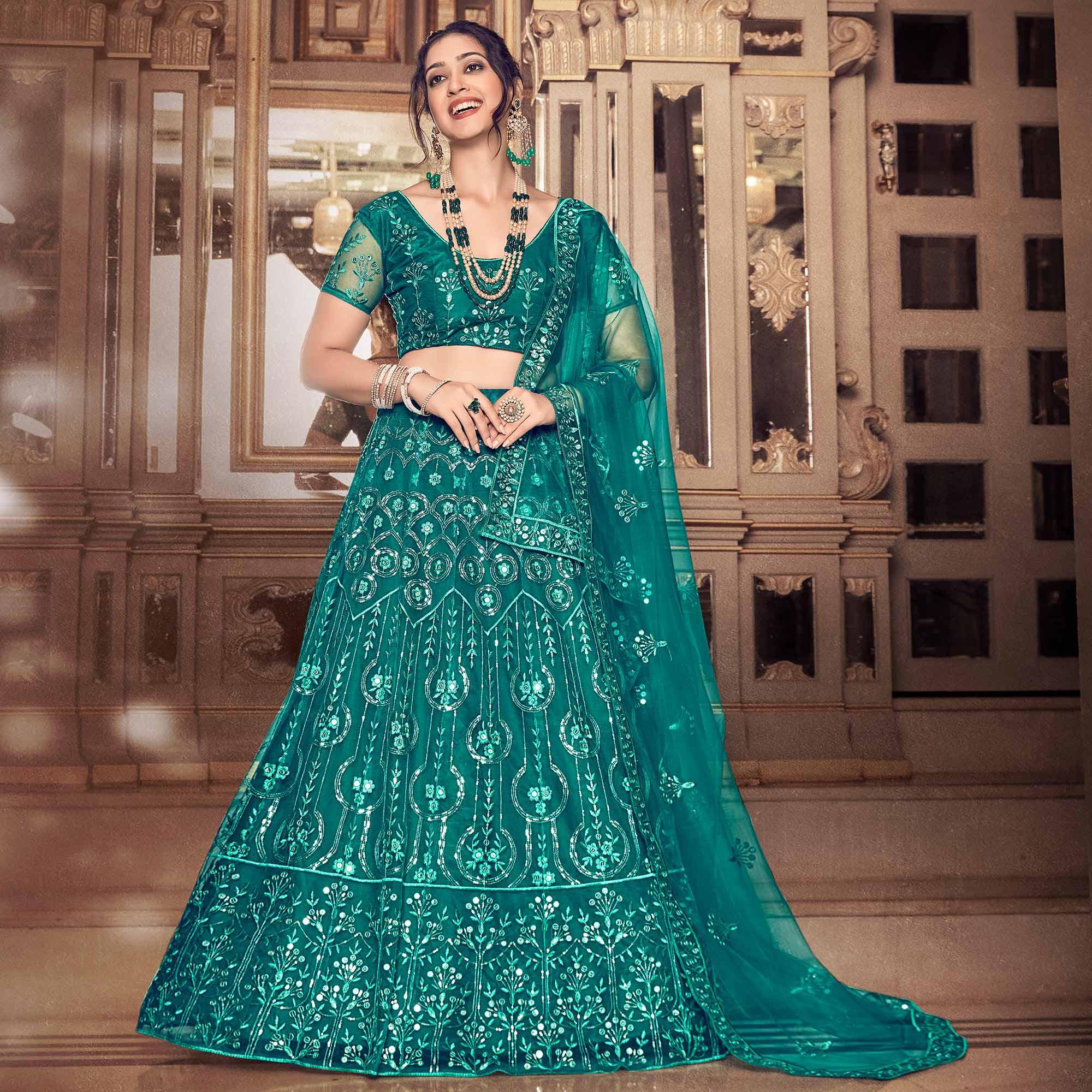 Dark Rama Partywear Thread Sequence Soft Net Lehenga Choli - Peachmode