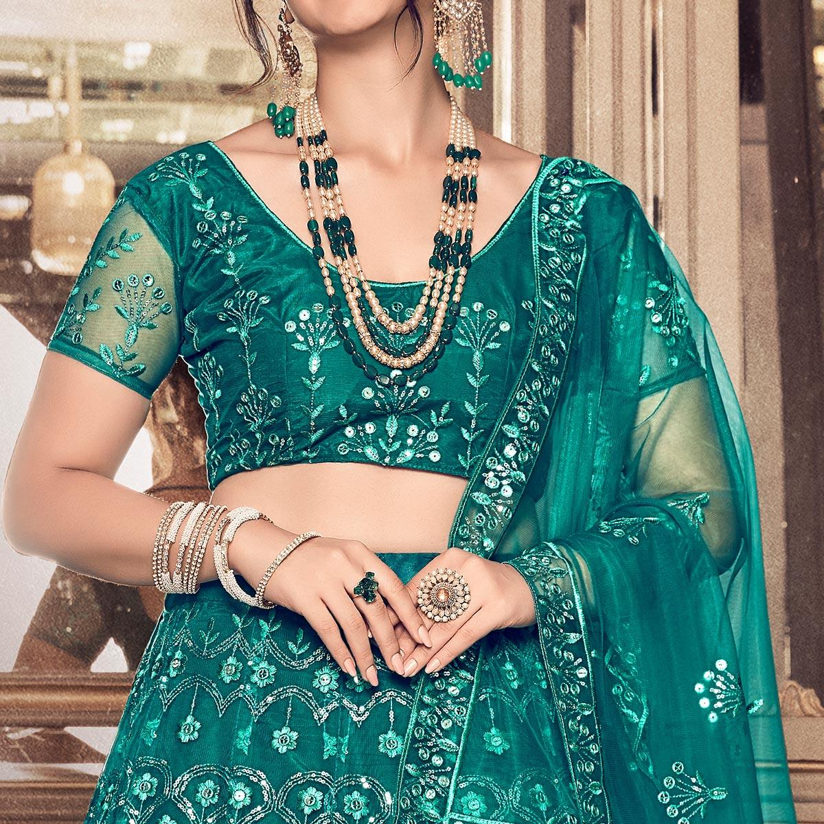 Dark Rama Partywear Thread Sequence Soft Net Lehenga Choli - Peachmode
