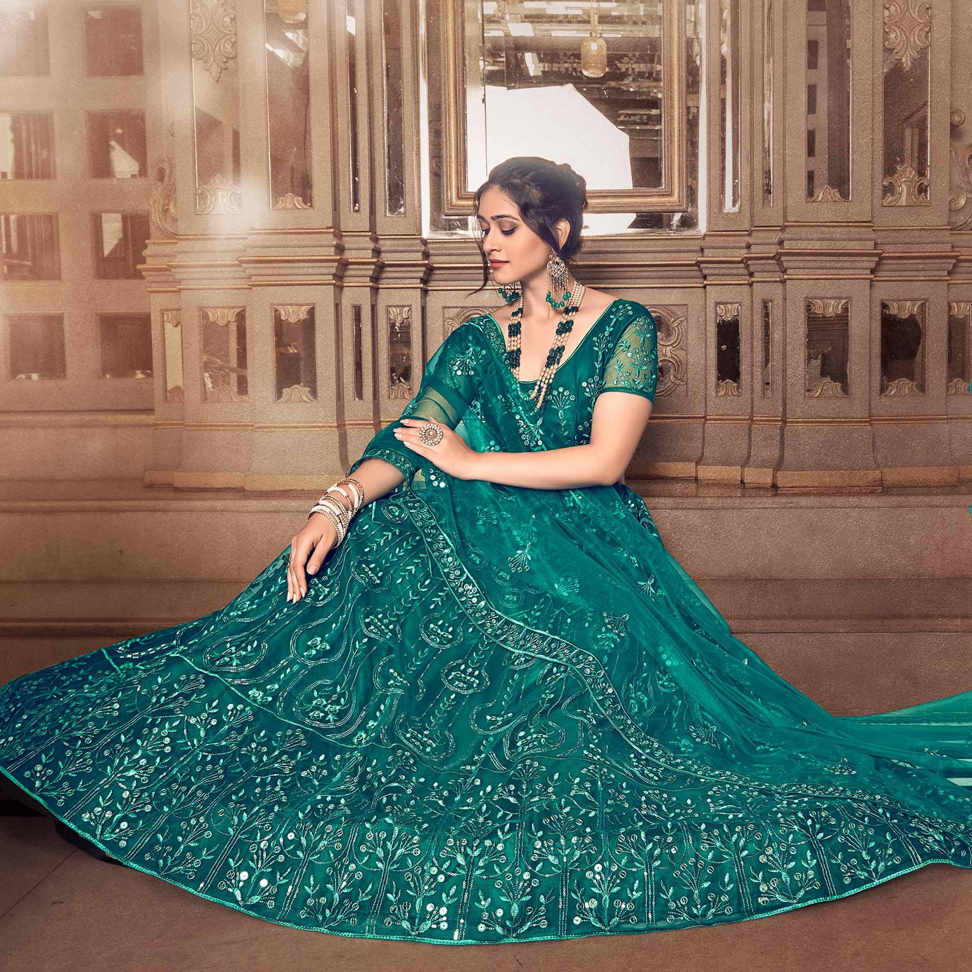 Dark Rama Partywear Thread Sequence Soft Net Lehenga Choli - Peachmode