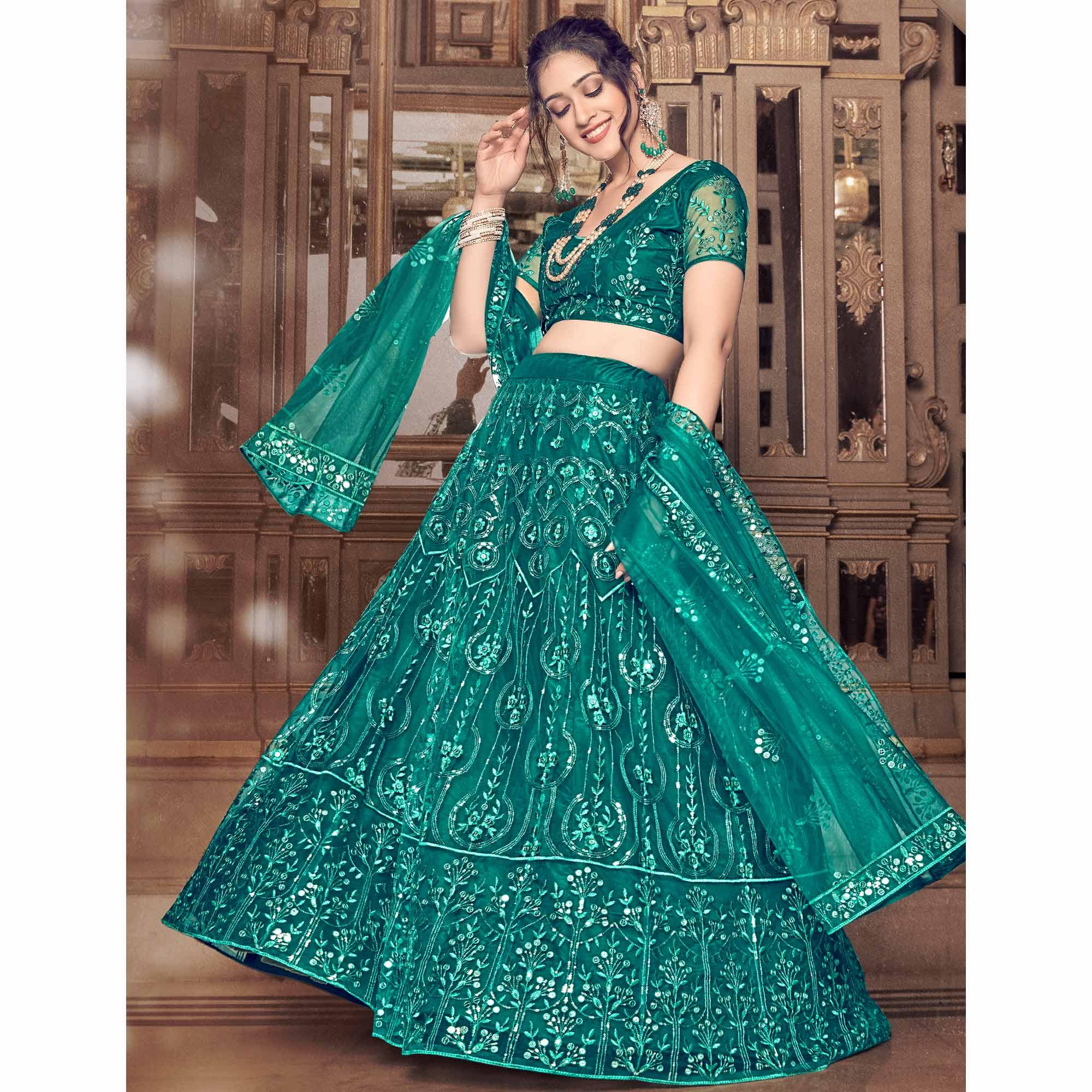 Dark Rama Partywear Thread Sequence Soft Net Lehenga Choli - Peachmode
