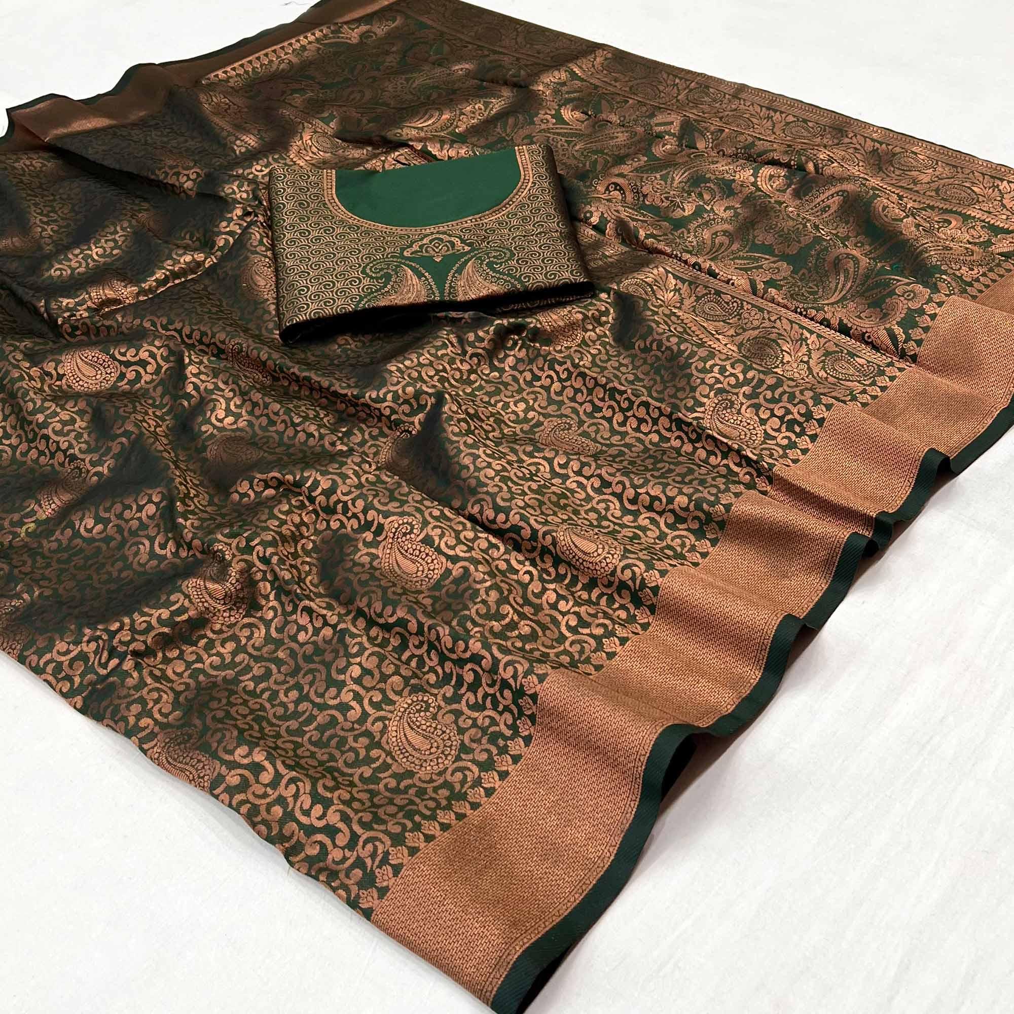 Dark Rama Woven Jacquard Saree - Peachmode