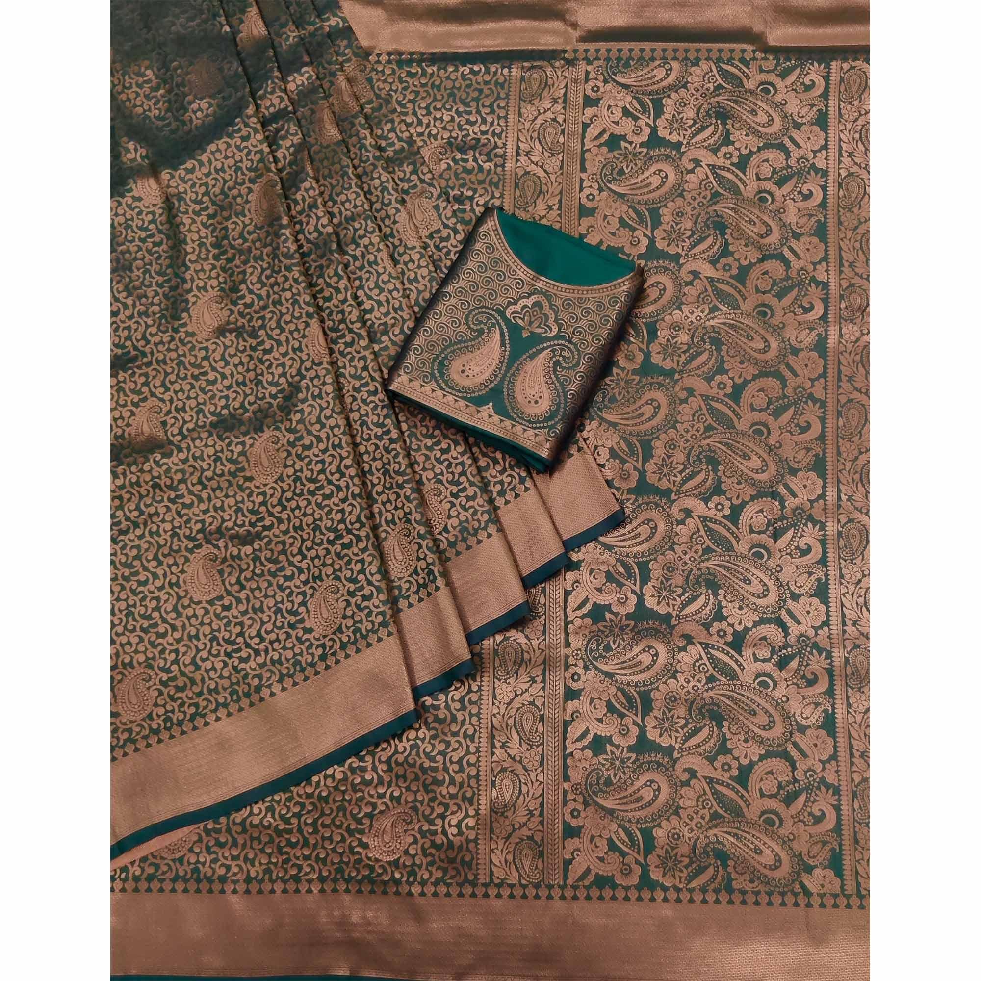 Dark Rama Woven Jacquard Saree - Peachmode