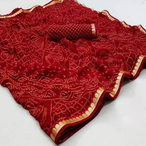 Dark Red Bandhani Printed Georgette Saree - Peachmode