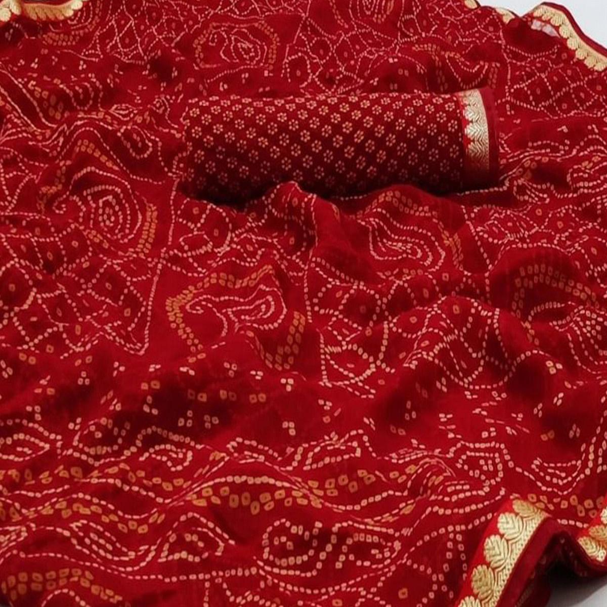 Dark Red Bandhani Printed Georgette Saree - Peachmode