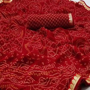 Dark Red Bandhani Printed Georgette Saree - Peachmode