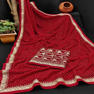 Dark Red Festive Wear Printed With Lace Border Georgette Saree - Peachmode