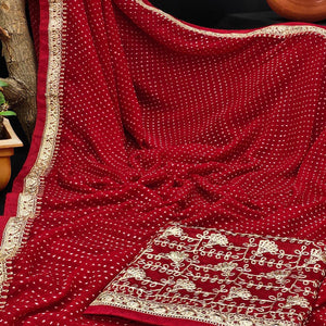 Dark Red Festive Wear Printed With Lace Border Georgette Saree - Peachmode