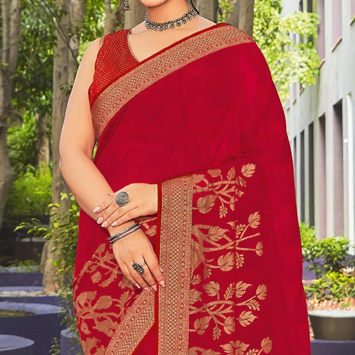 Dark Red Festive Wear Woven Georgette  Saree - Peachmode