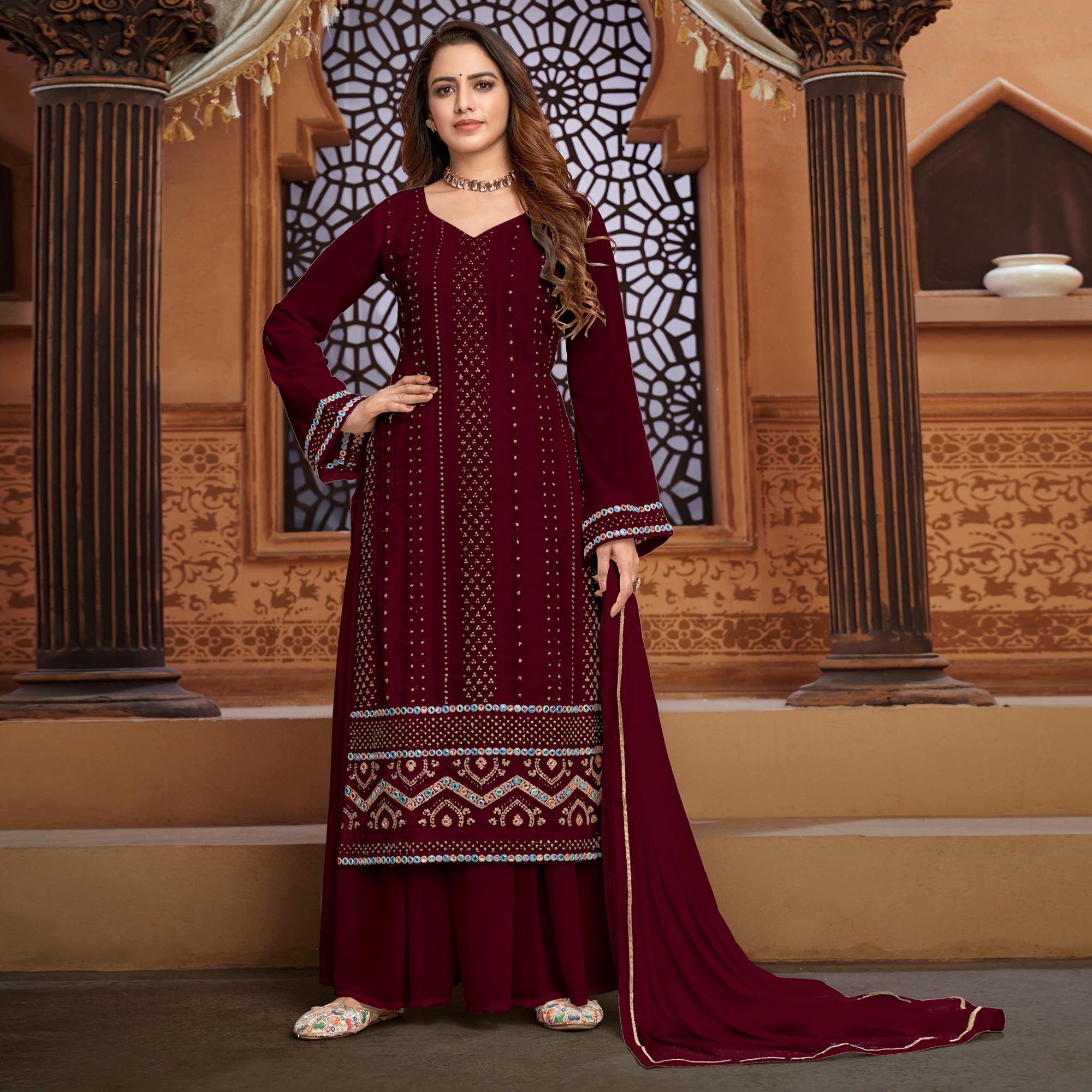 Dark Red Partywear Designer Embroidered Heavy Faux Georgette