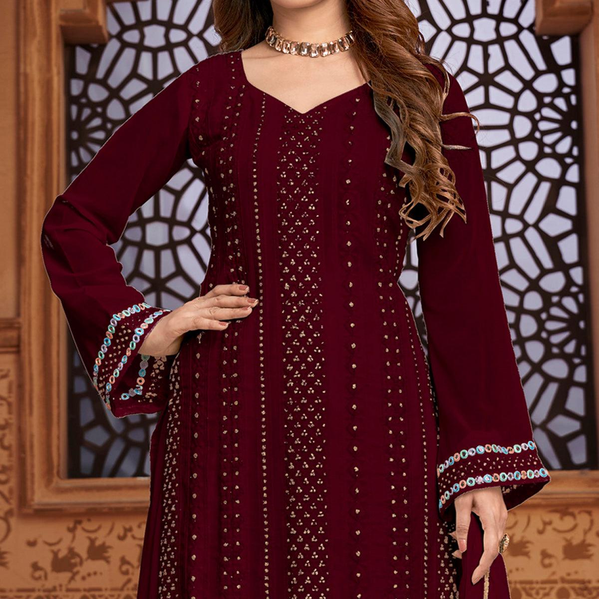 Dark Red Partywear Designer Embroidered Heavy Faux Georgette Palazzo Suit - Peachmode
