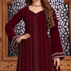 Dark Red Partywear Designer Embroidered Heavy Faux Georgette Palazzo Suit - Peachmode