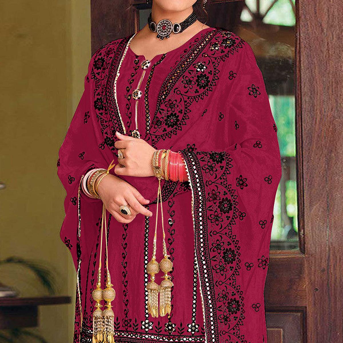 Dark Red Partywear Designer Floral Embroidered Georgette Palazzo Suit - Peachmode