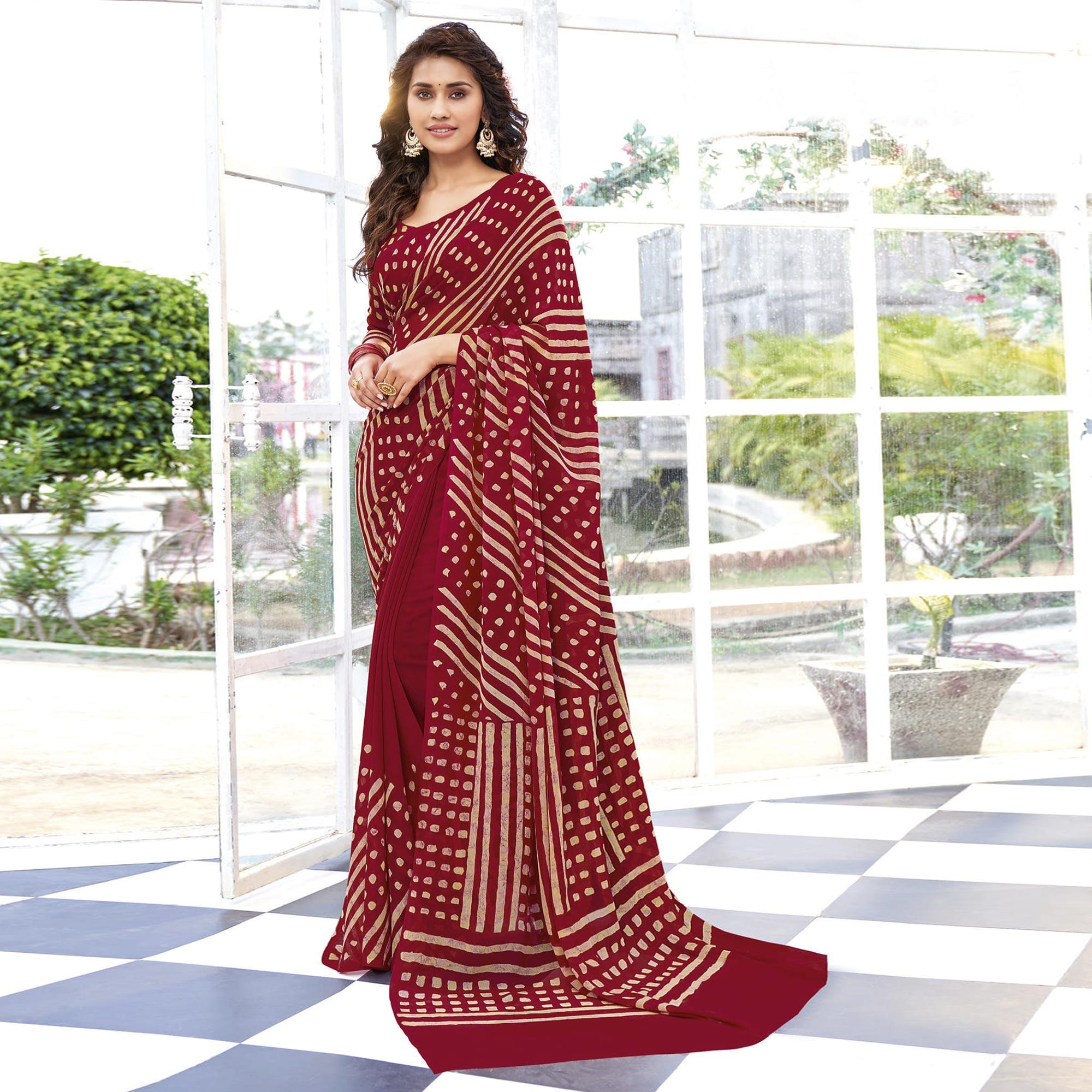 Dark Red Printed Georgette Saree - Peachmode