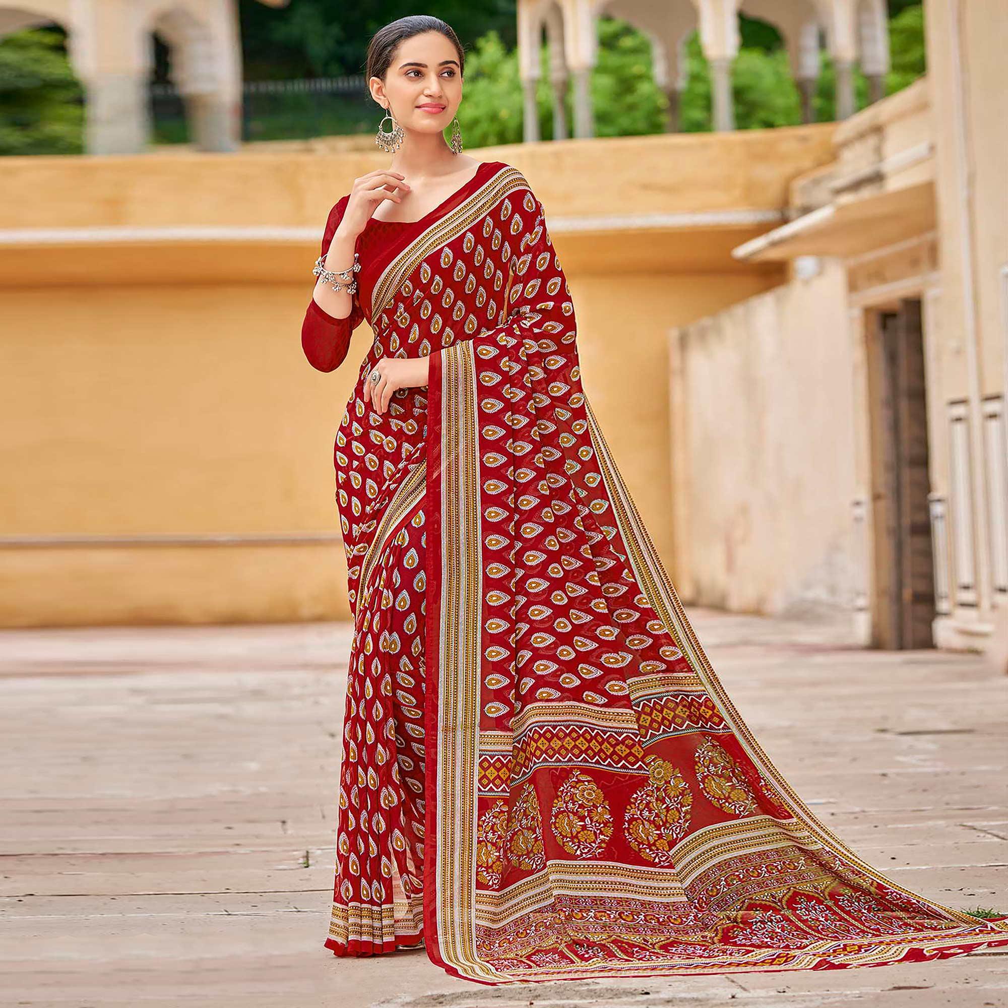 Dark Red Printed Georgette Saree - Peachmode
