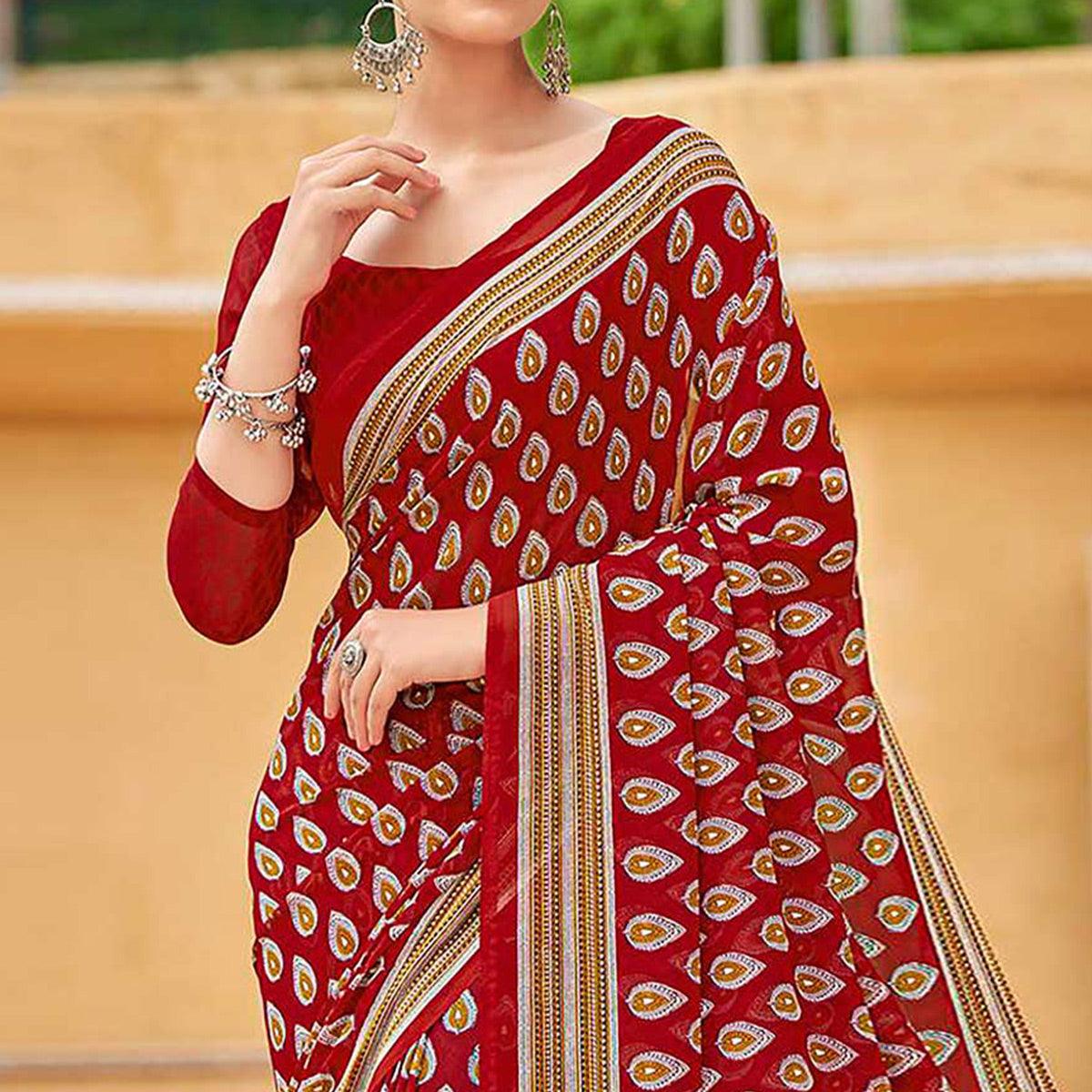 Dark Red Printed Georgette Saree - Peachmode
