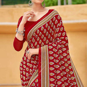 Dark Red Printed Georgette Saree - Peachmode