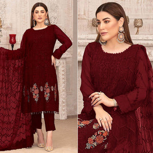 Dark Red Sequence With Floral Embroidered Georgette Pakistani Suit - Peachmode