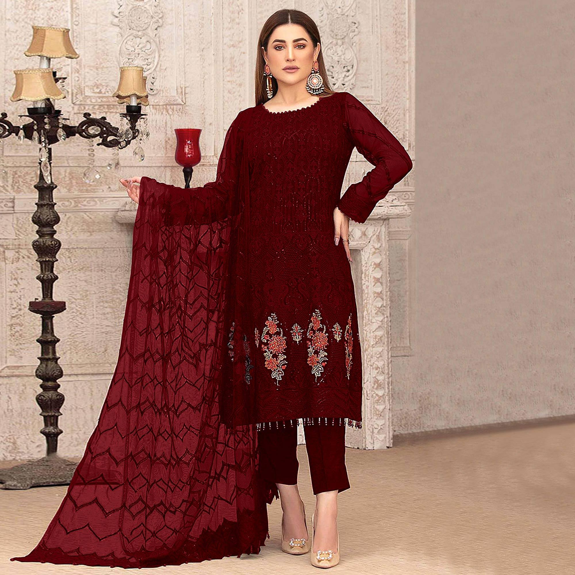 Dark Red Sequence With Floral Embroidered Georgette Pakistani Suit - Peachmode