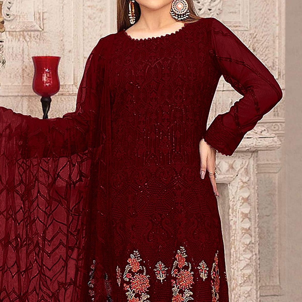 Dark Red Sequence With Floral Embroidered Georgette Pakistani Suit - Peachmode