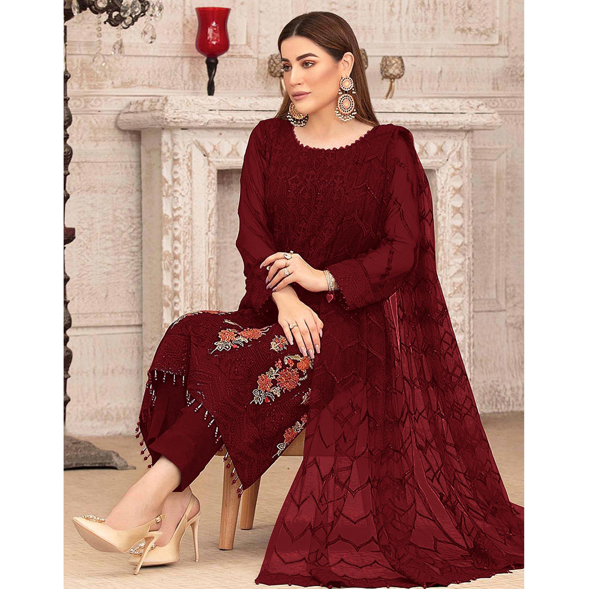 Dark Red Sequence With Floral Embroidered Georgette Pakistani Suit - Peachmode