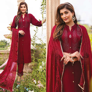 Dark Red Swarovski Work Rayon Salwar Suit - Peachmode