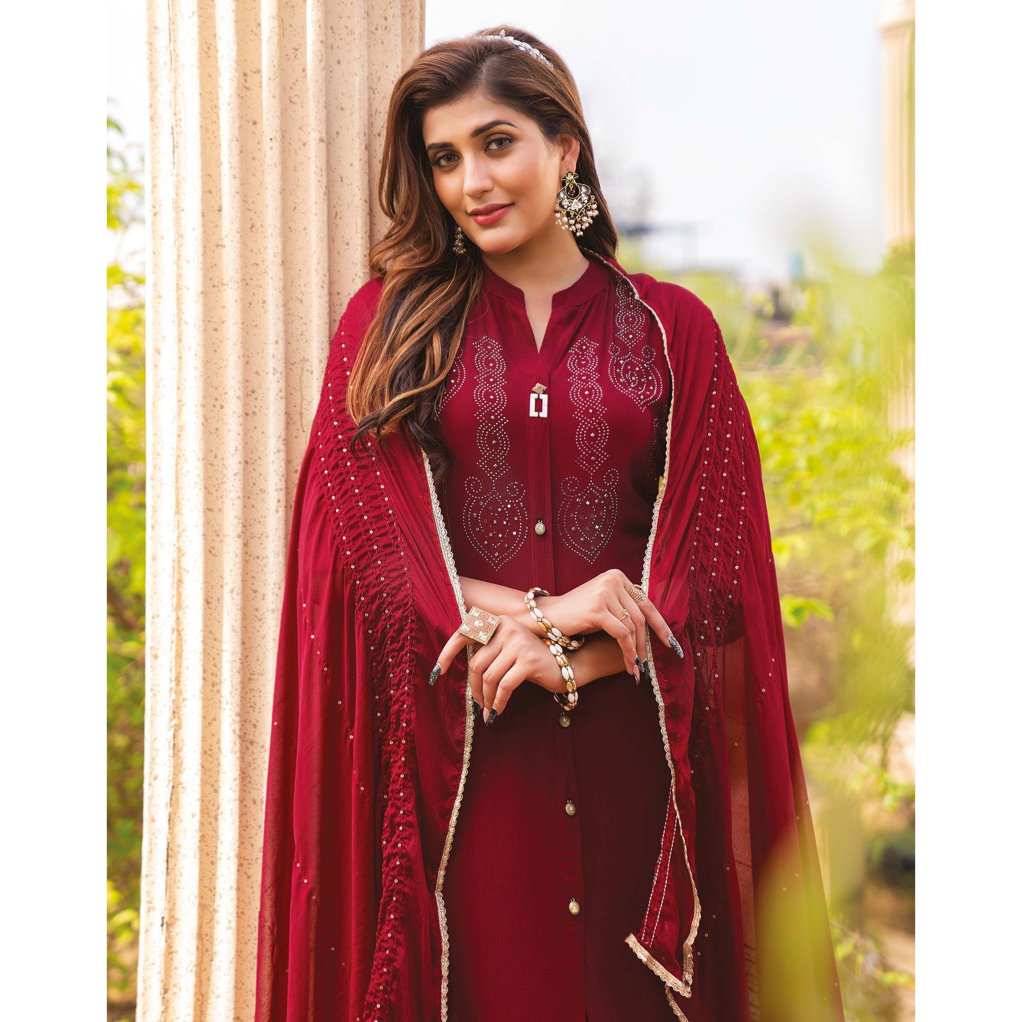 Dark Red Swarovski Work Rayon Salwar Suit - Peachmode