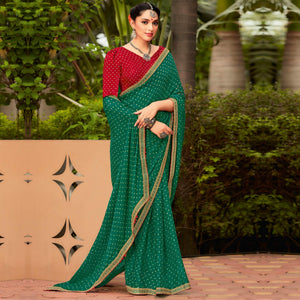 Dark Sea Green Partywear Dot Printed Chiffon Saree With Border - Peachmode