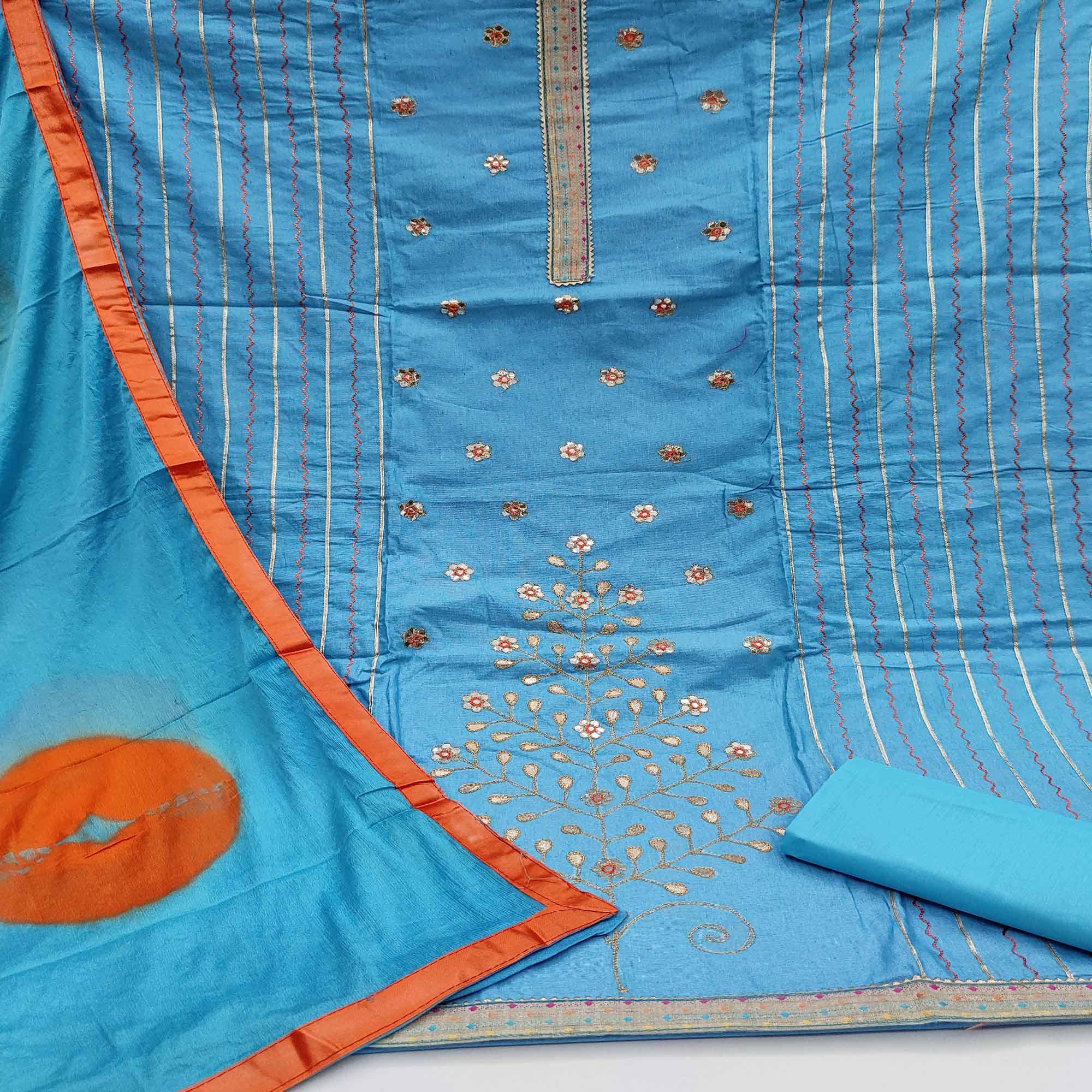Blue Pastel Blocks Design Hand Batik Pure Cotton Dress Material