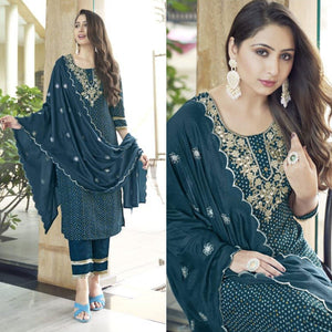 Dark Teal Blue Bandhani Printed With Gota Patti Muslin Salwar Suit - Peachmode