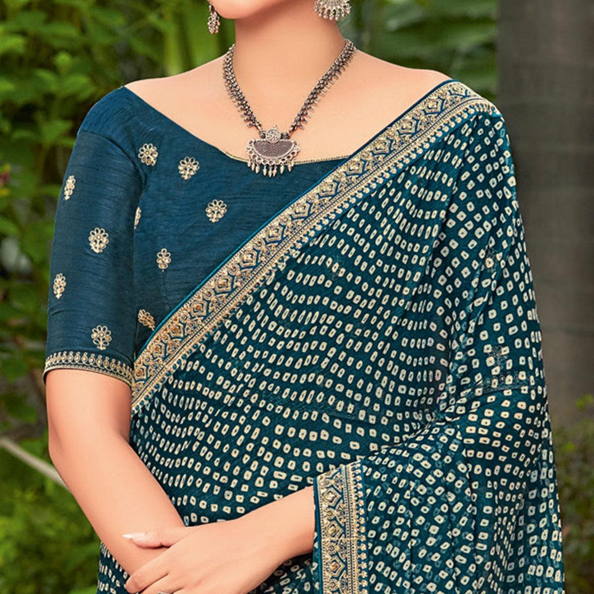 Dark Teal Blue Partywear Printed Chiffon Saree With Border - Peachmode