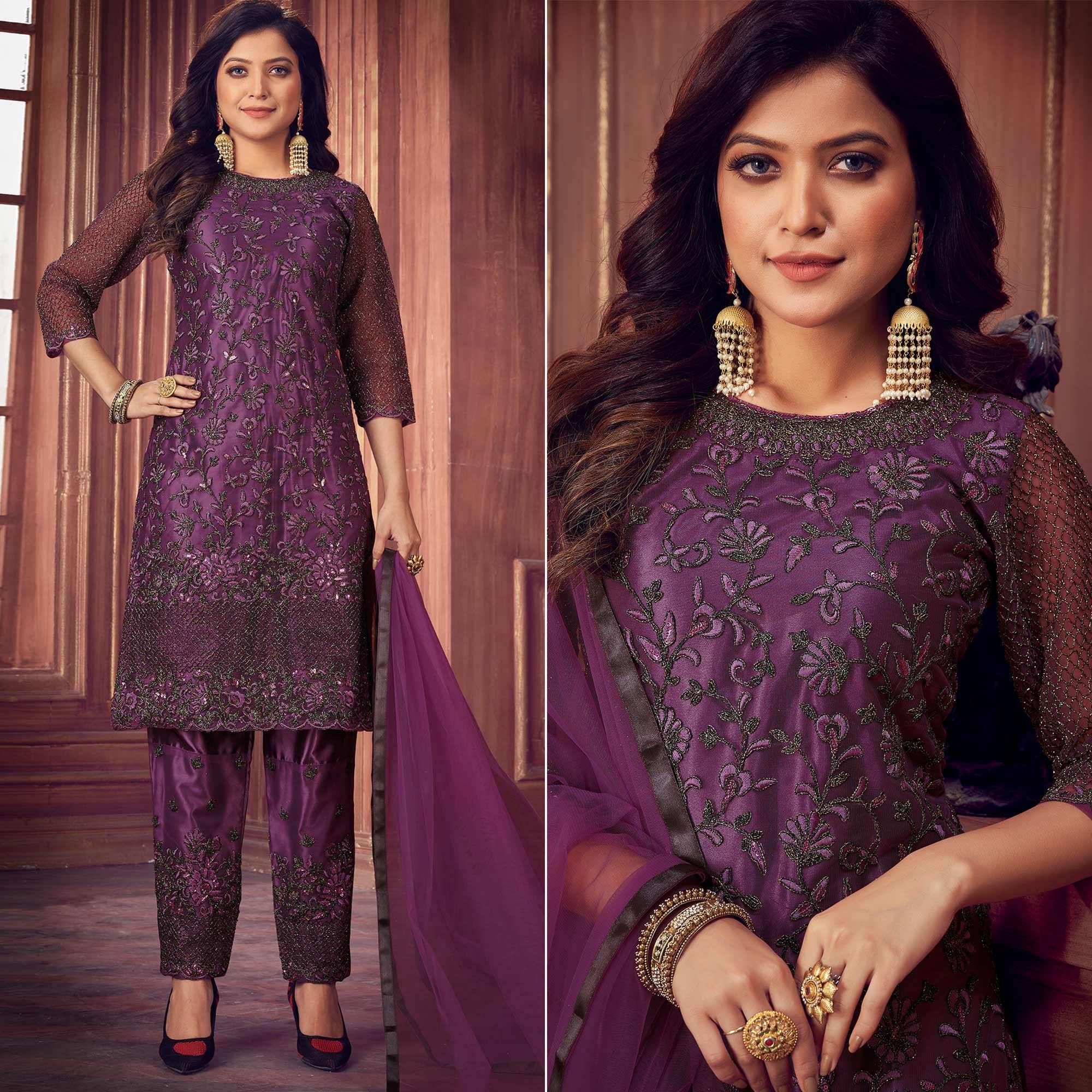 Dark Violet Floral Embroidered Net Partywear Suit - Peachmode