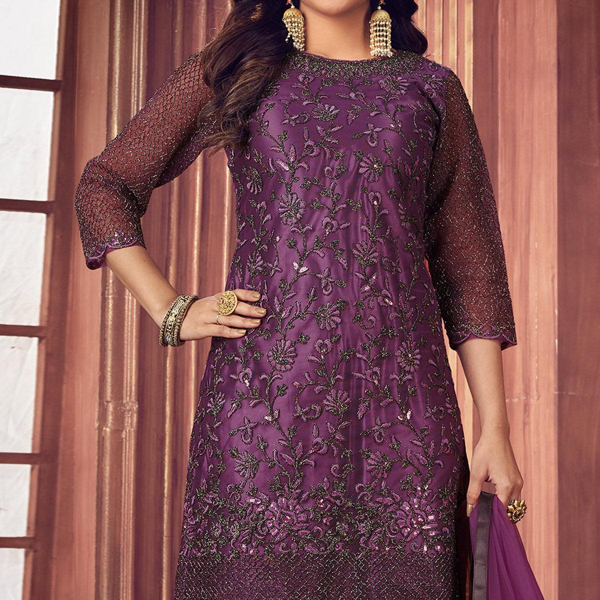 Dark Violet Floral Embroidered Net Partywear Suit - Peachmode