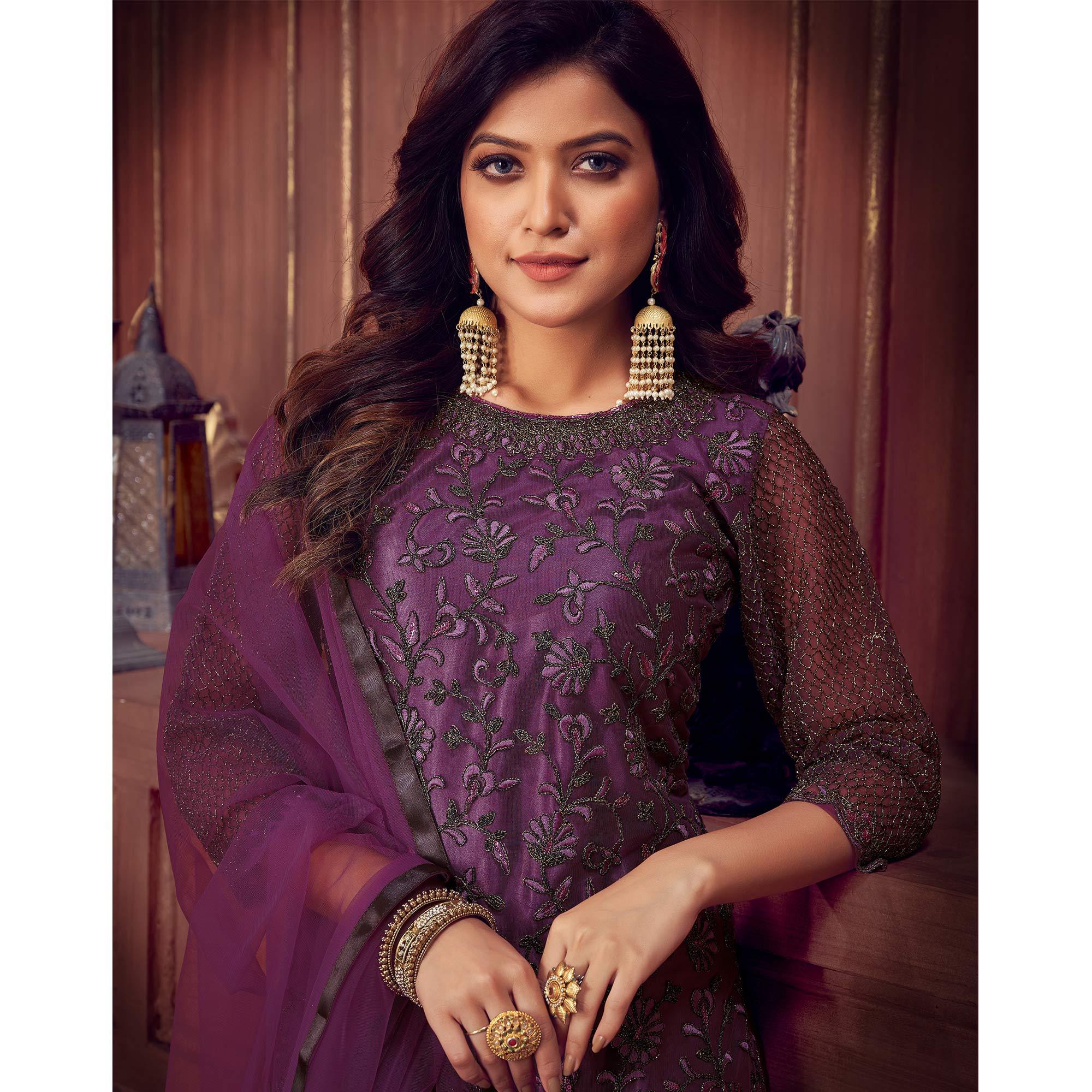 Dark Violet Floral Embroidered Net Partywear Suit - Peachmode