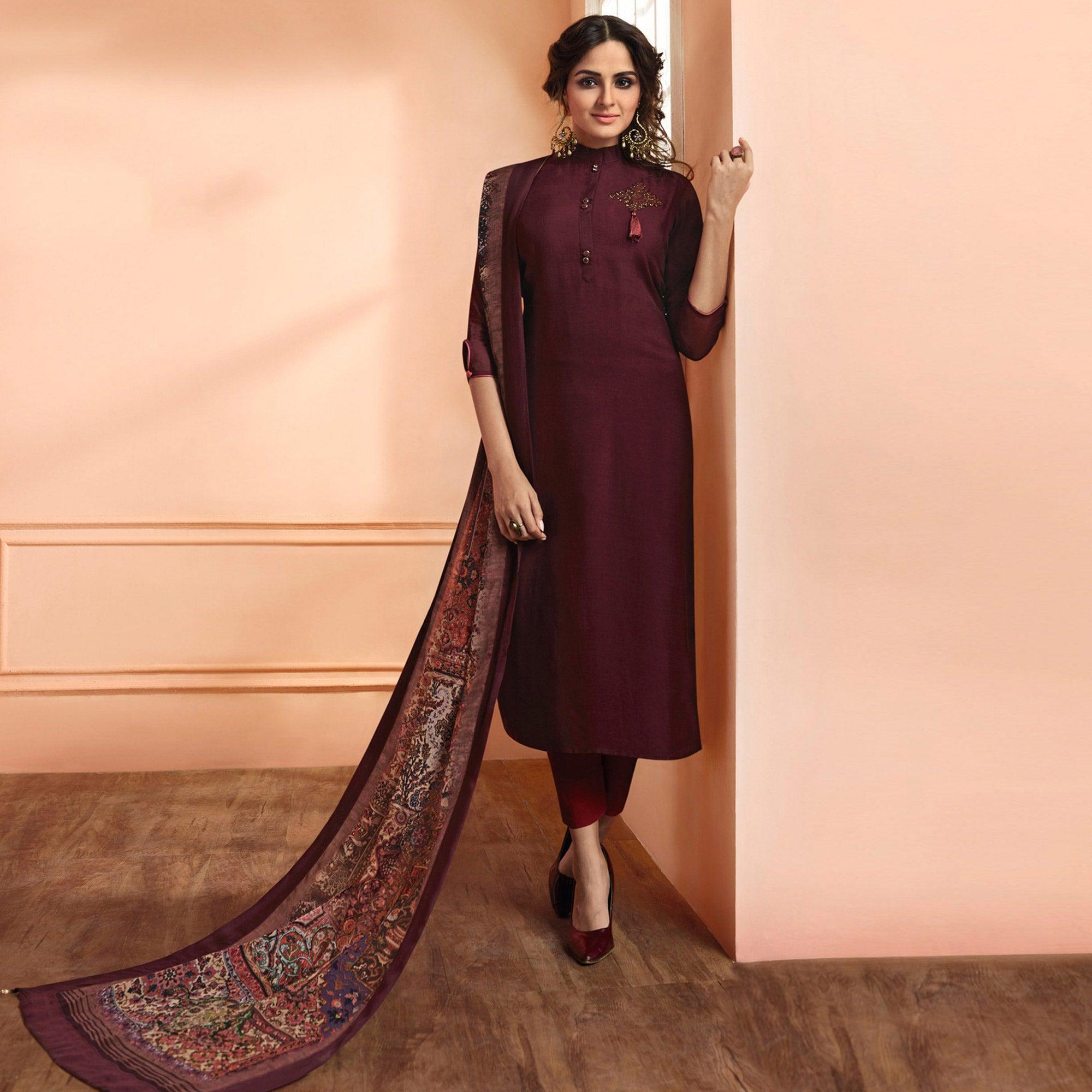 Dark Wine Partywear Embroidered Cotton Silk salwar Suit - Peachmode