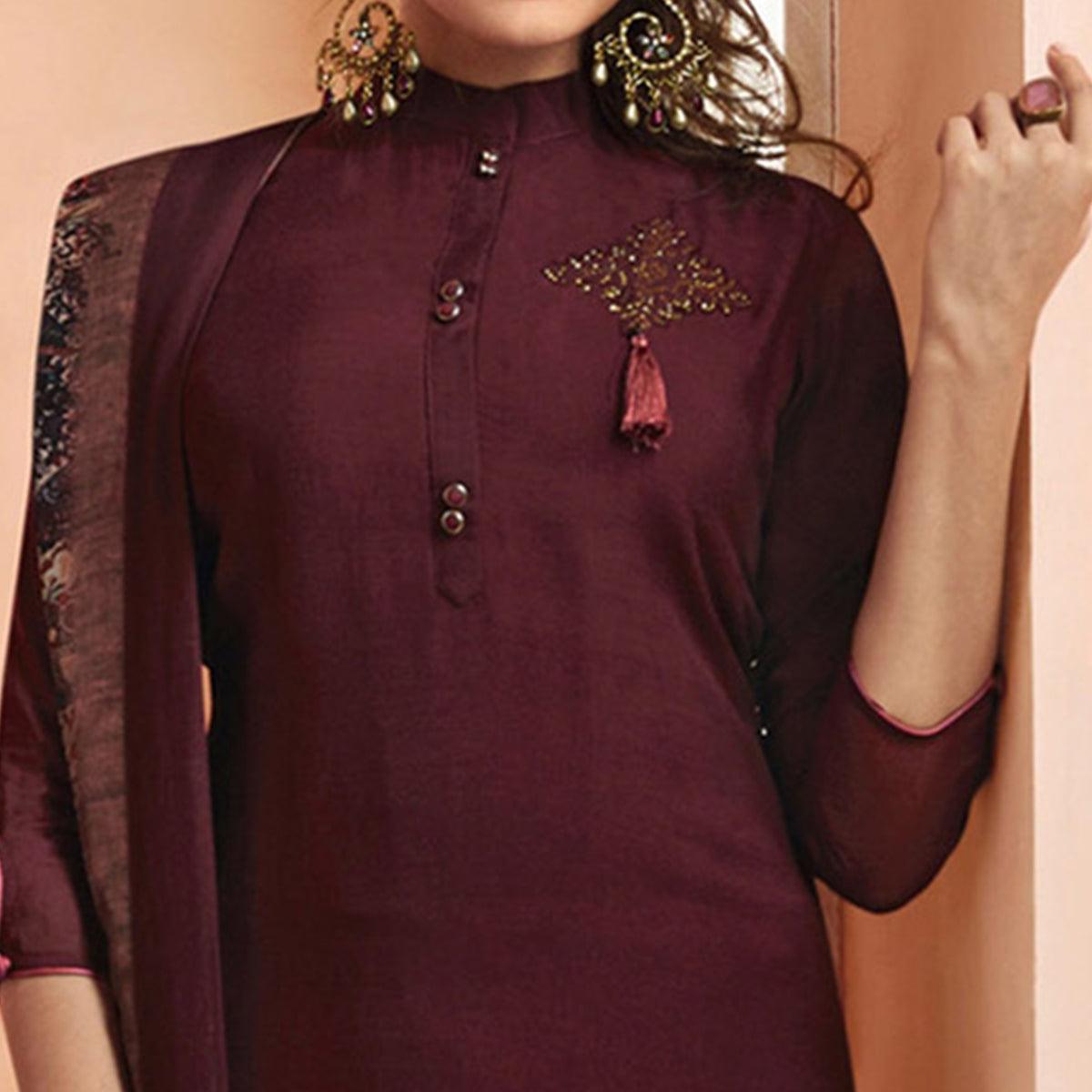Dark Wine Partywear Embroidered Cotton Silk salwar Suit - Peachmode