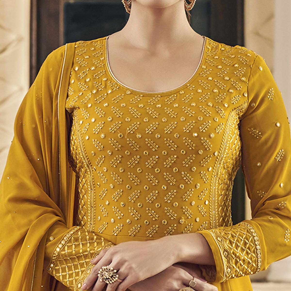 Dark Yellow Embroidered Georgette Anarkali Suit - Peachmode