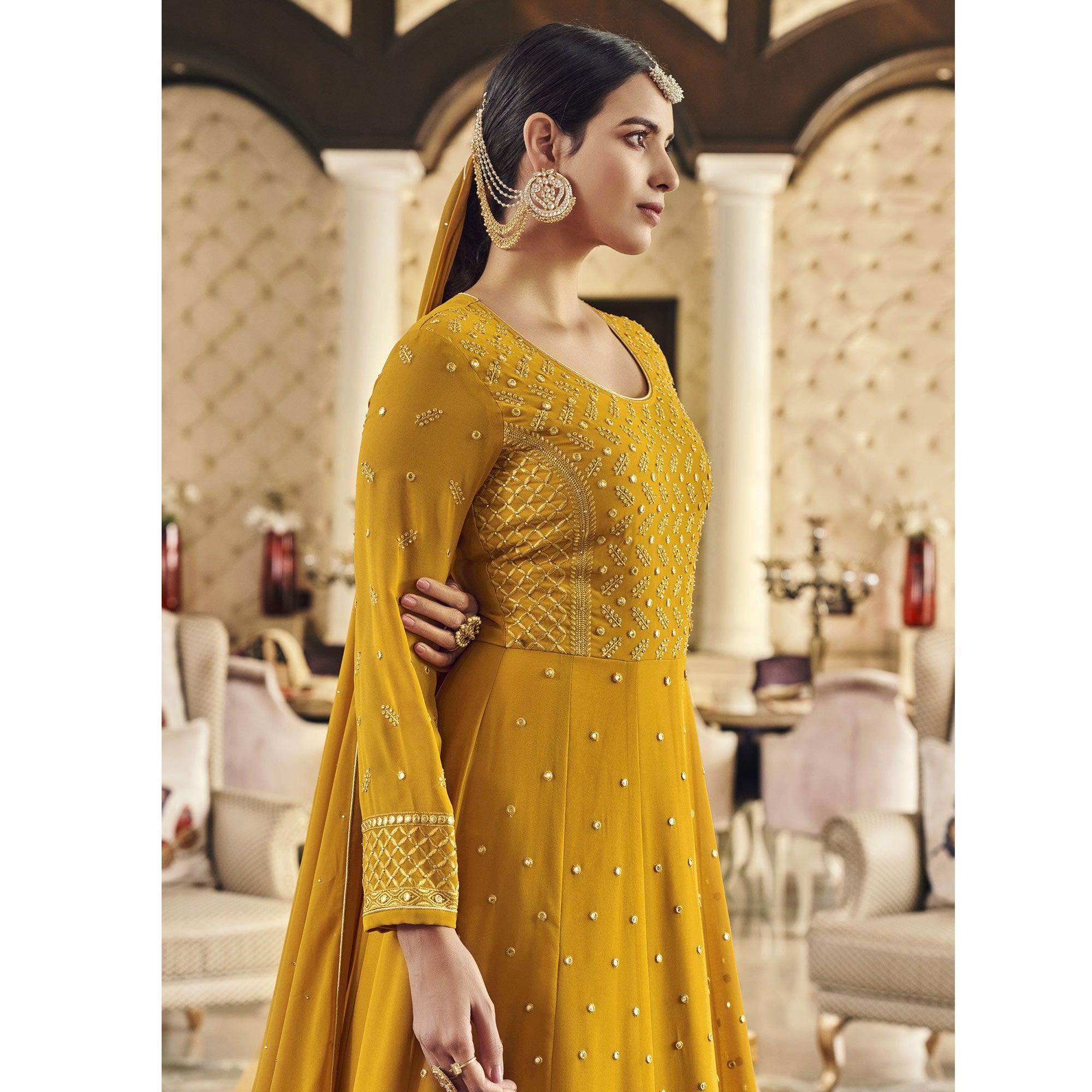 Dark Yellow Embroidered Georgette Anarkali Suit - Peachmode