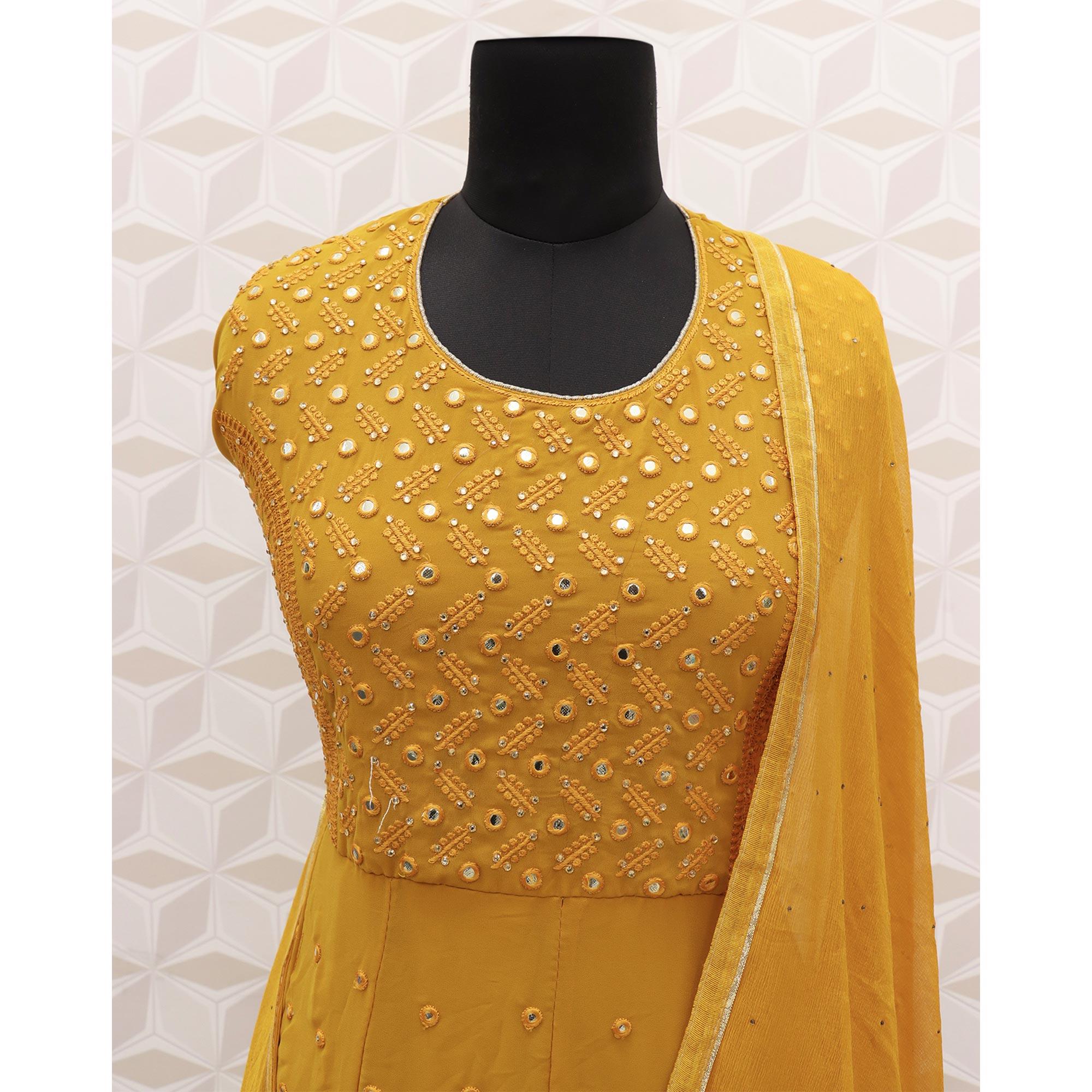 Dark Yellow Embroidered Georgette Anarkali Suit - Peachmode