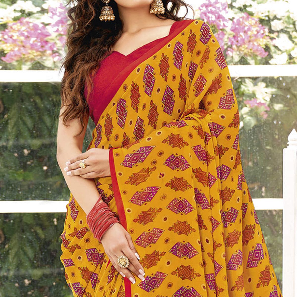Dark Yellow Printed Georgette Saree - Peachmode