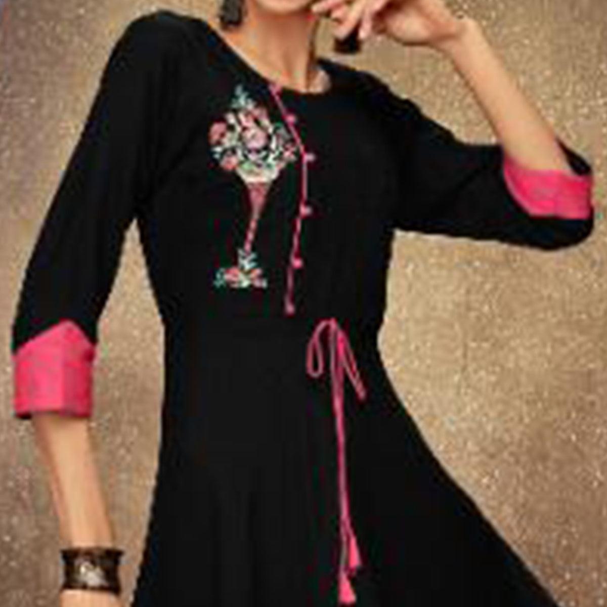 Dazzling Black Colored Partywear Embroidered Heavy Rayon Long Kurti - Peachmode