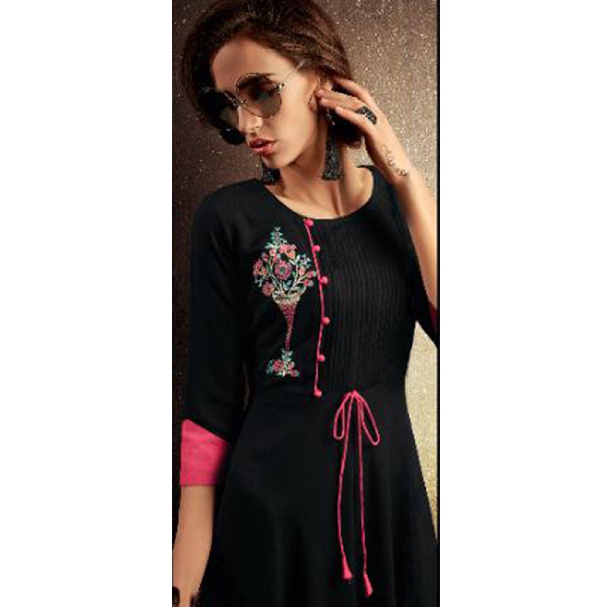 Dazzling Black Colored Partywear Embroidered Heavy Rayon Long Kurti - Peachmode
