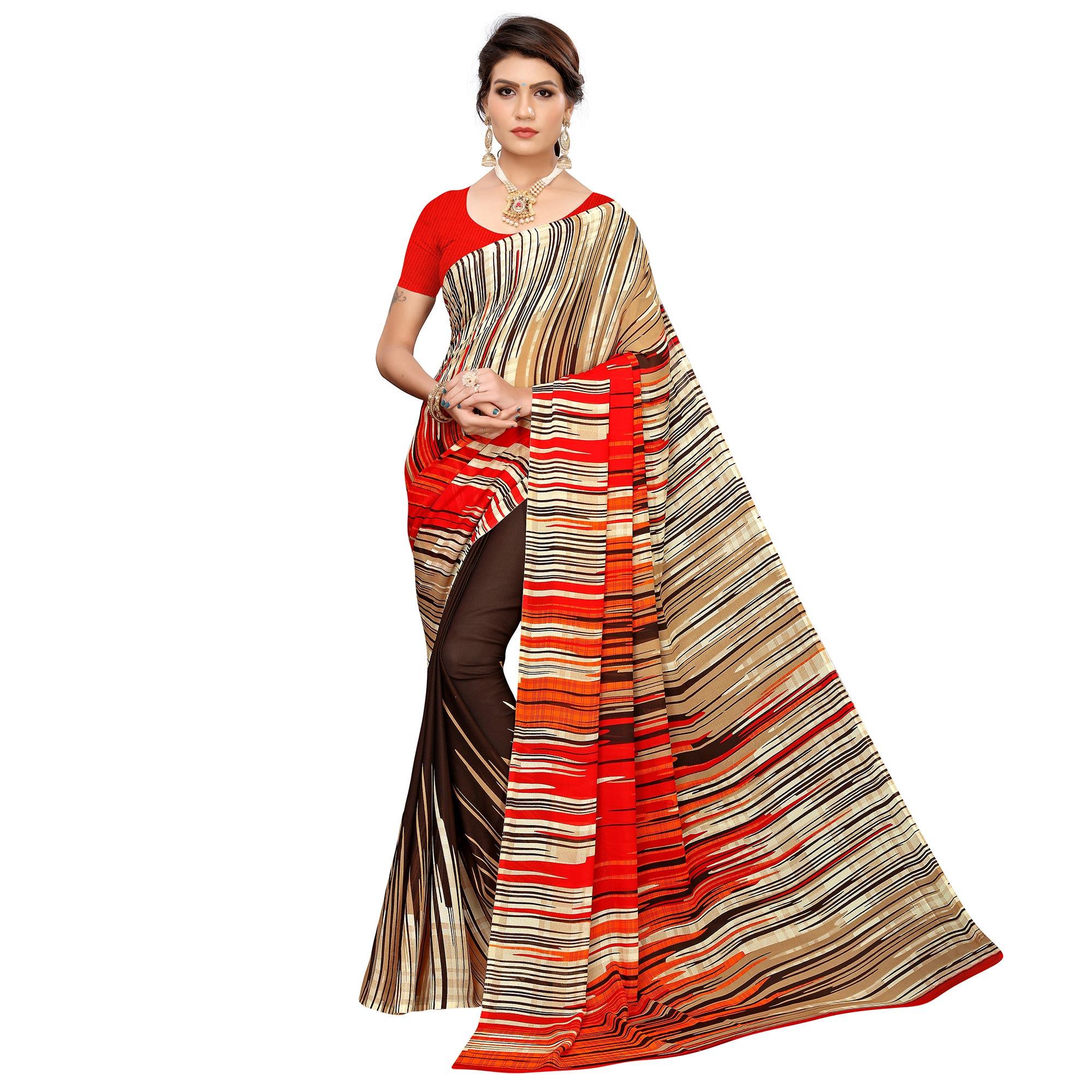 Dazzling Coffee Brown Colored Casual Wear Printed Georgette Saree - Peachmode