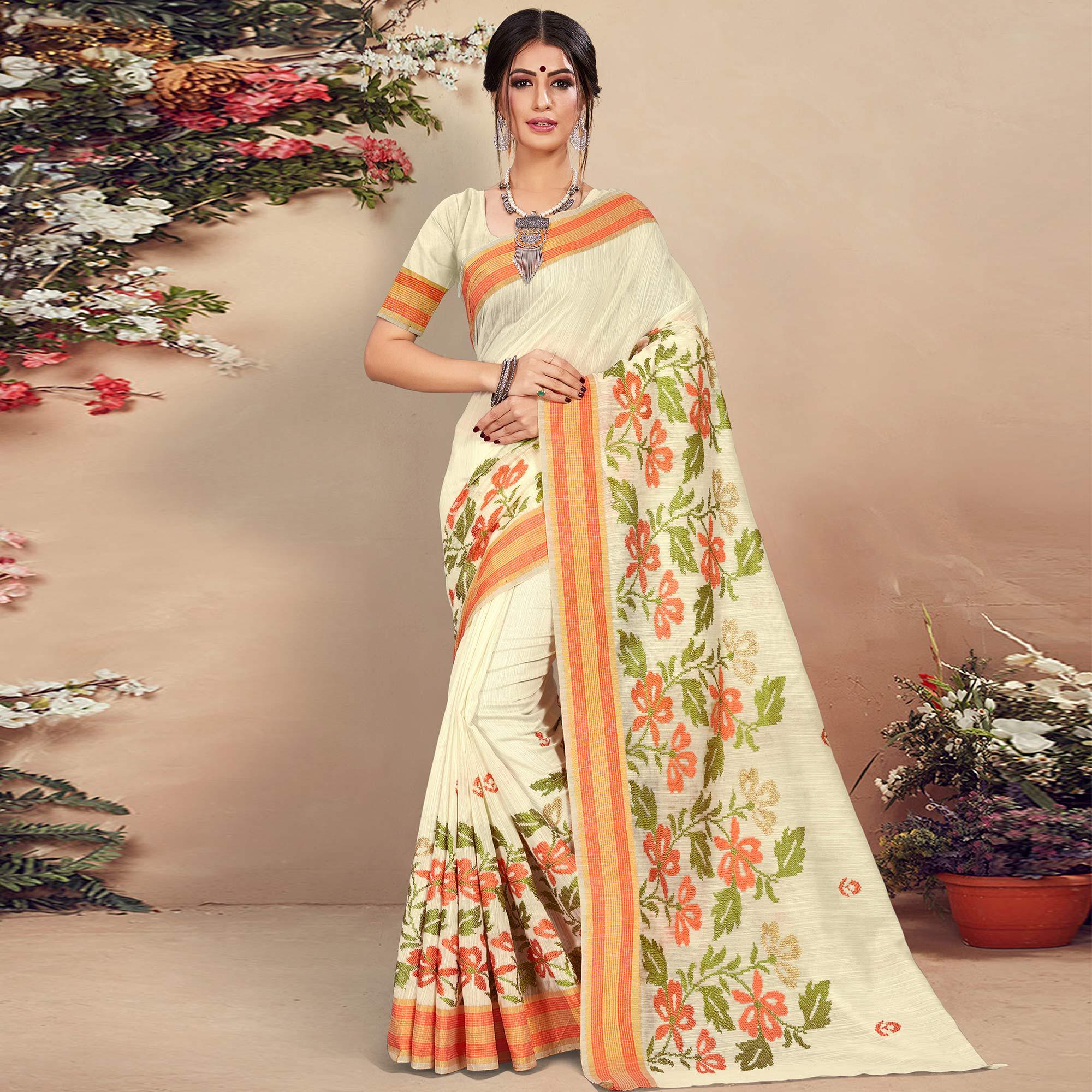 Dazzling Cream Colored Casual Wear Floral Printed Cotton Saree - Peachmode
