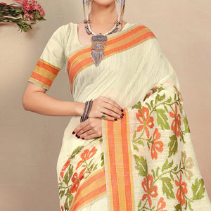 Dazzling Cream Colored Casual Wear Floral Printed Cotton Saree - Peachmode