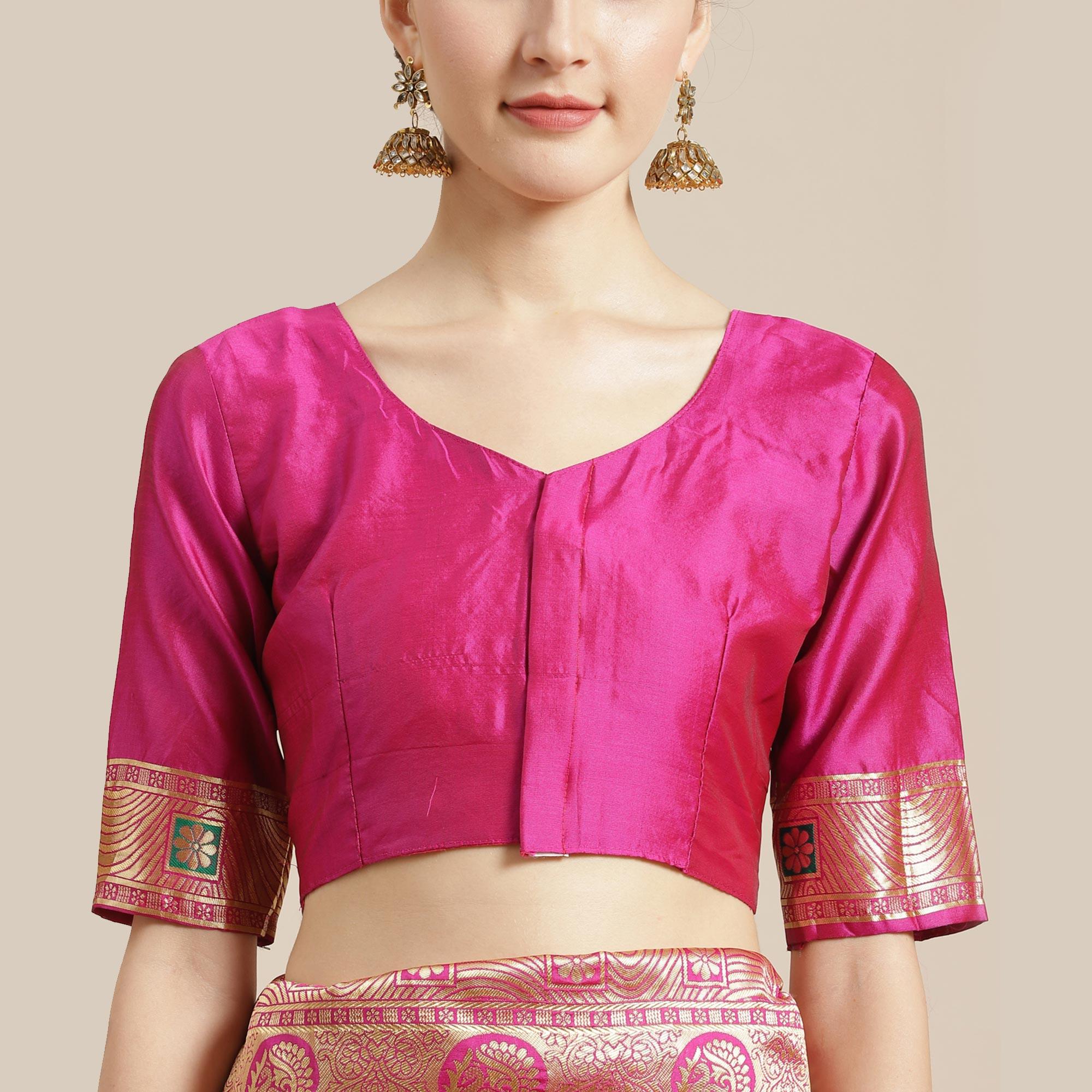 Dazzling Gold-Pink Colored Festive Wear Woven Silk Blend Saree - Peachmode