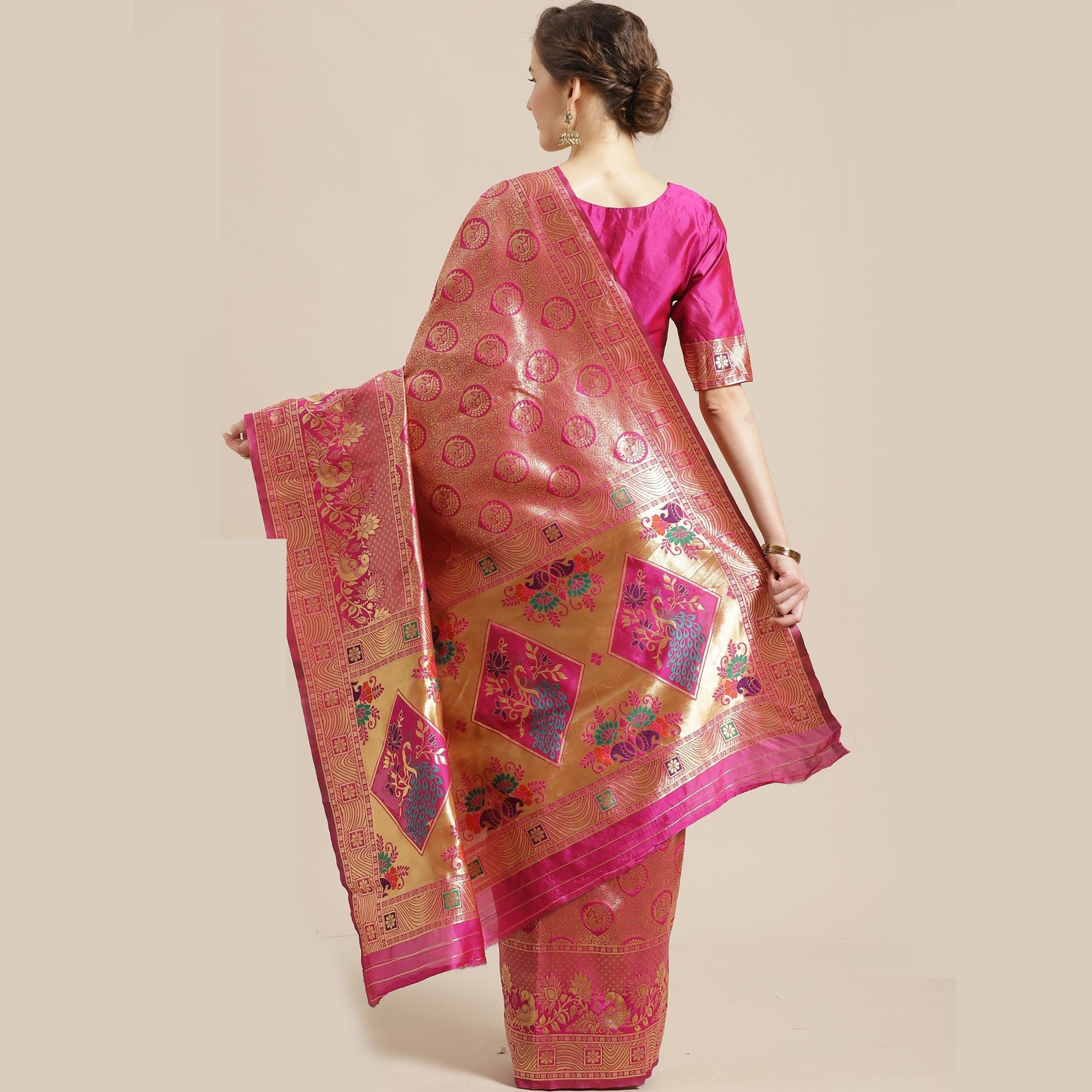 Dazzling Gold-Pink Colored Festive Wear Woven Silk Blend Saree - Peachmode